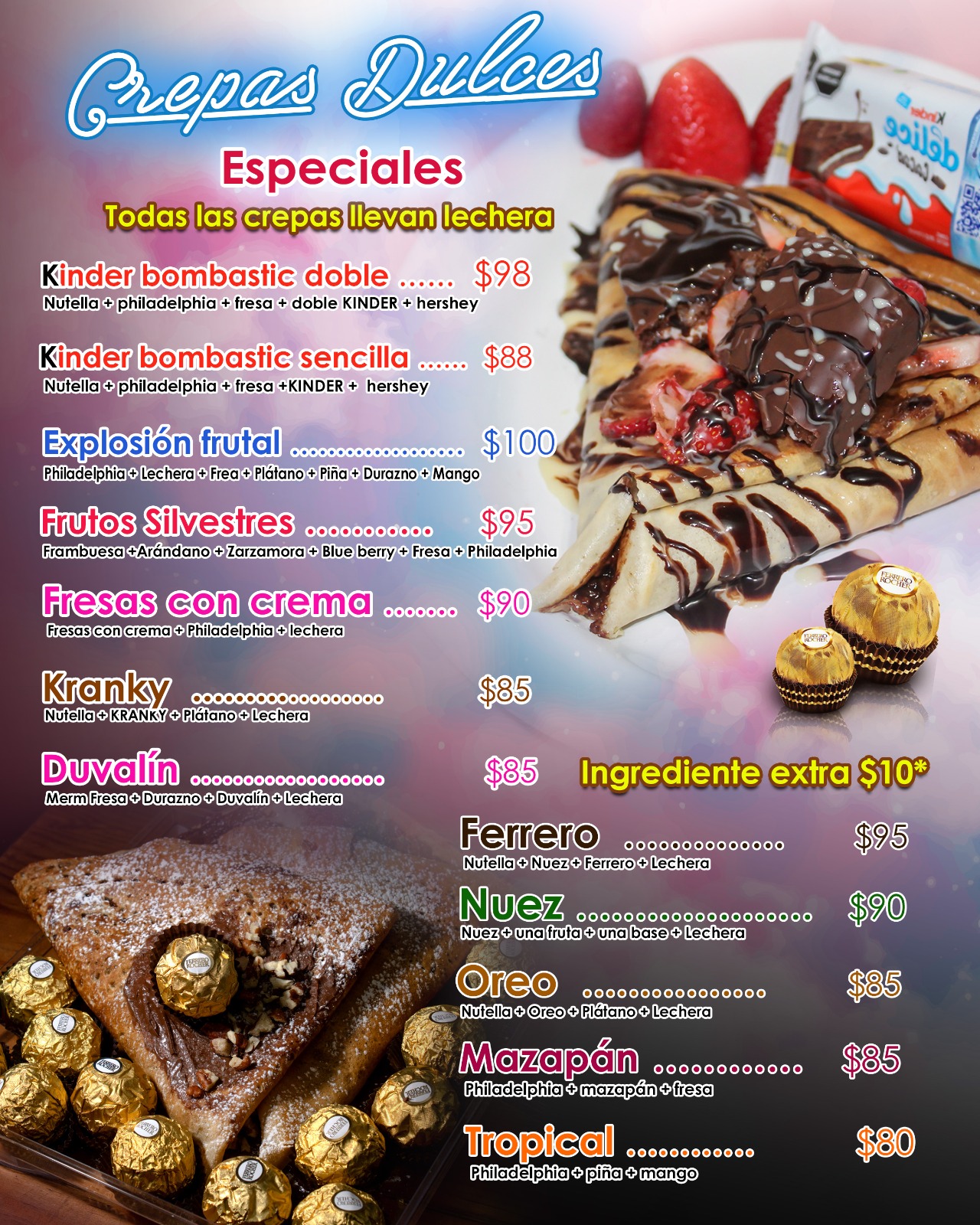 Menú Crepas Dulces Especiales